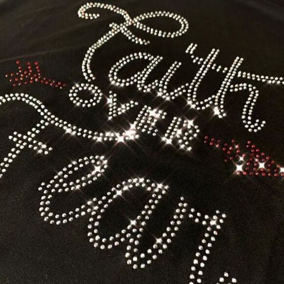 New Faith over Fear Rhinestone T-shirt Black with Red and Silver Soft Stretchy - Picture 8 of 9
